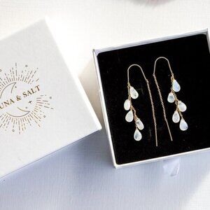 Moonstone Threader Earrings Gemstone Dangle Gold Non-tarnish Earrings Gorgeous